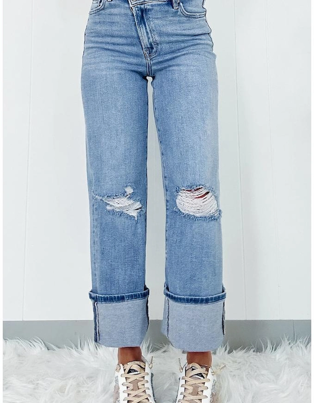 Dusk Blue High Rise Asymmetric Button Zip Fly Ripped Jeans