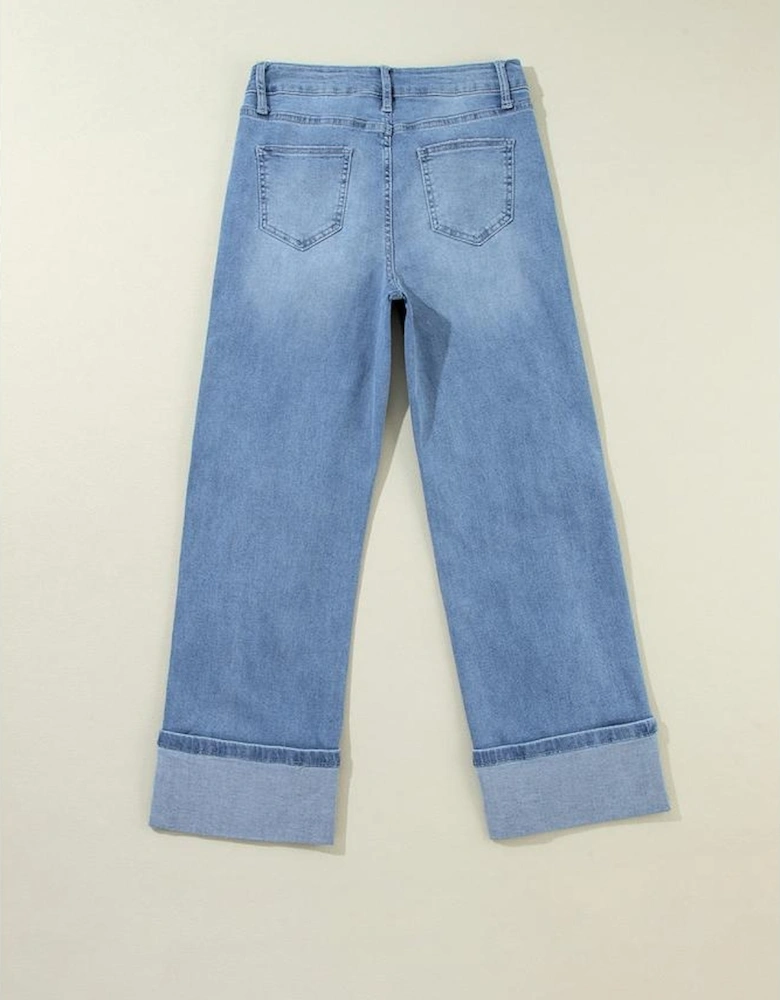 Dusk Blue High Rise Asymmetric Button Zip Fly Ripped Jeans