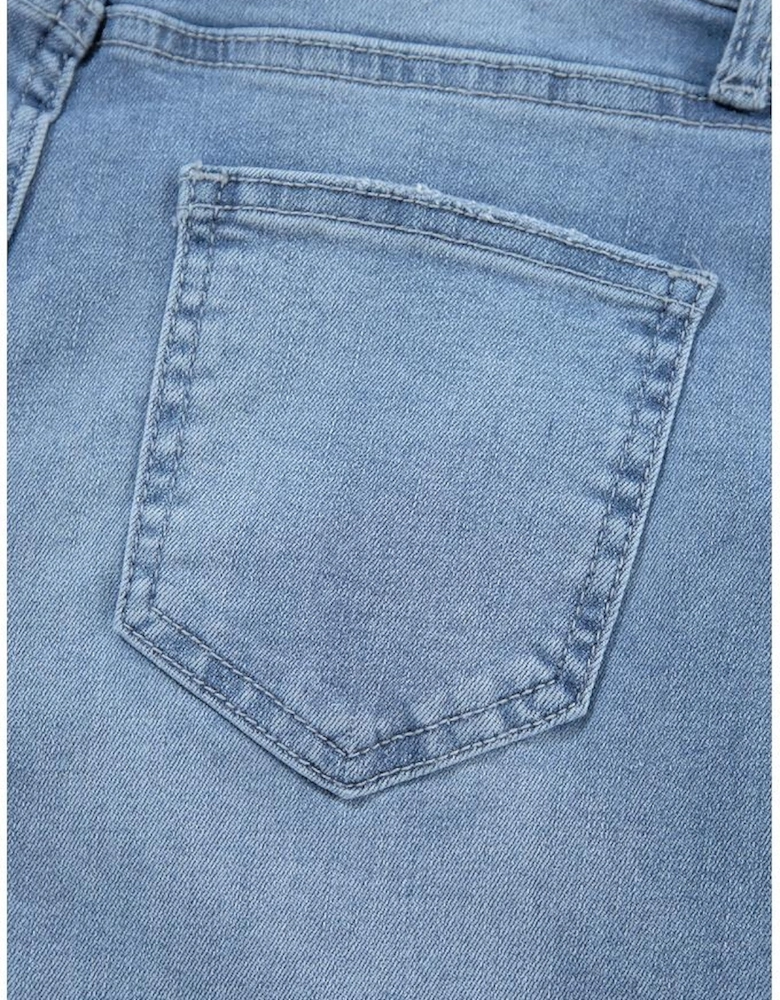 Dusk Blue High Rise Asymmetric Button Zip Fly Ripped Jeans