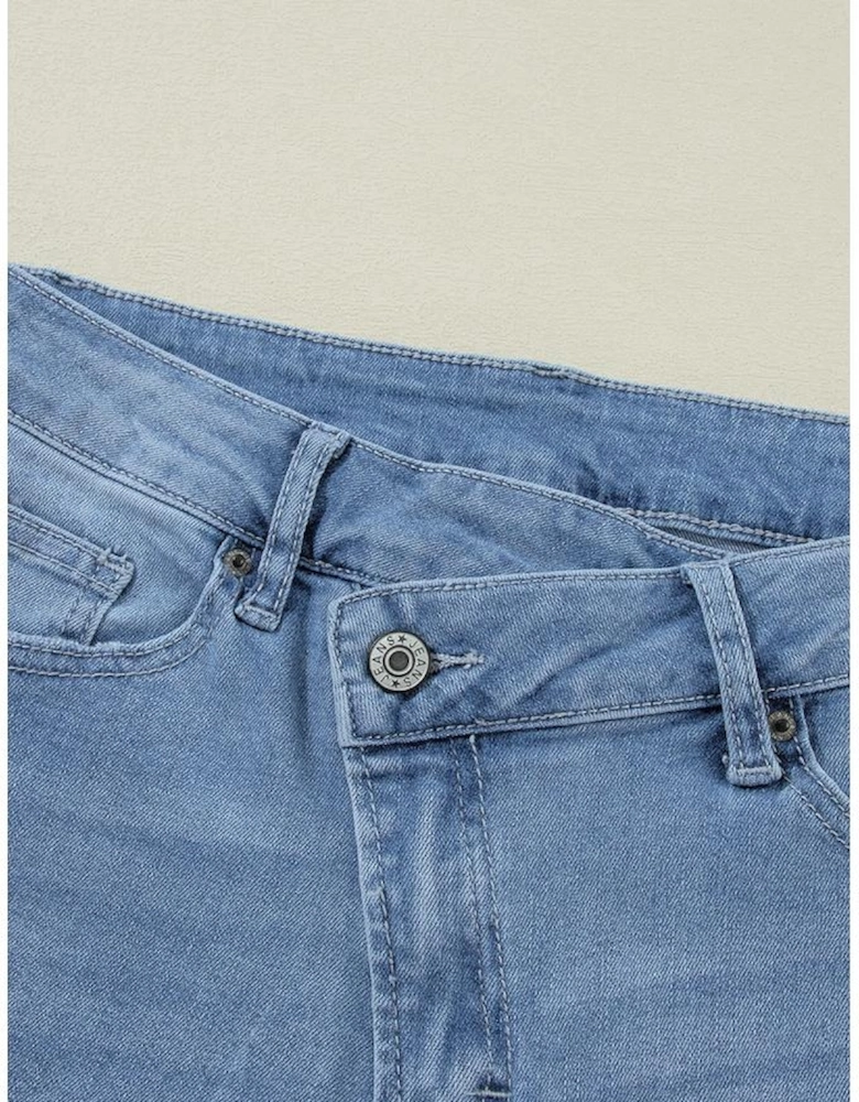 Dusk Blue High Rise Asymmetric Button Zip Fly Ripped Jeans