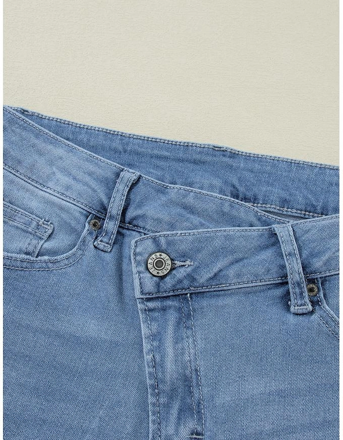 Dusk Blue High Rise Asymmetric Button Zip Fly Ripped Jeans