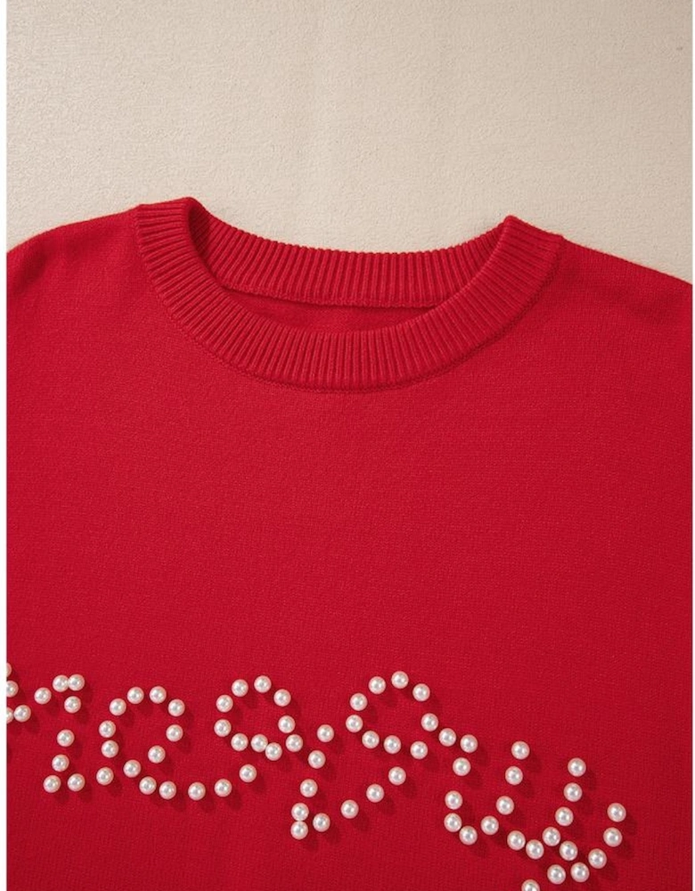 Fiery Red Pearl Beaded Merry Casual Sweater