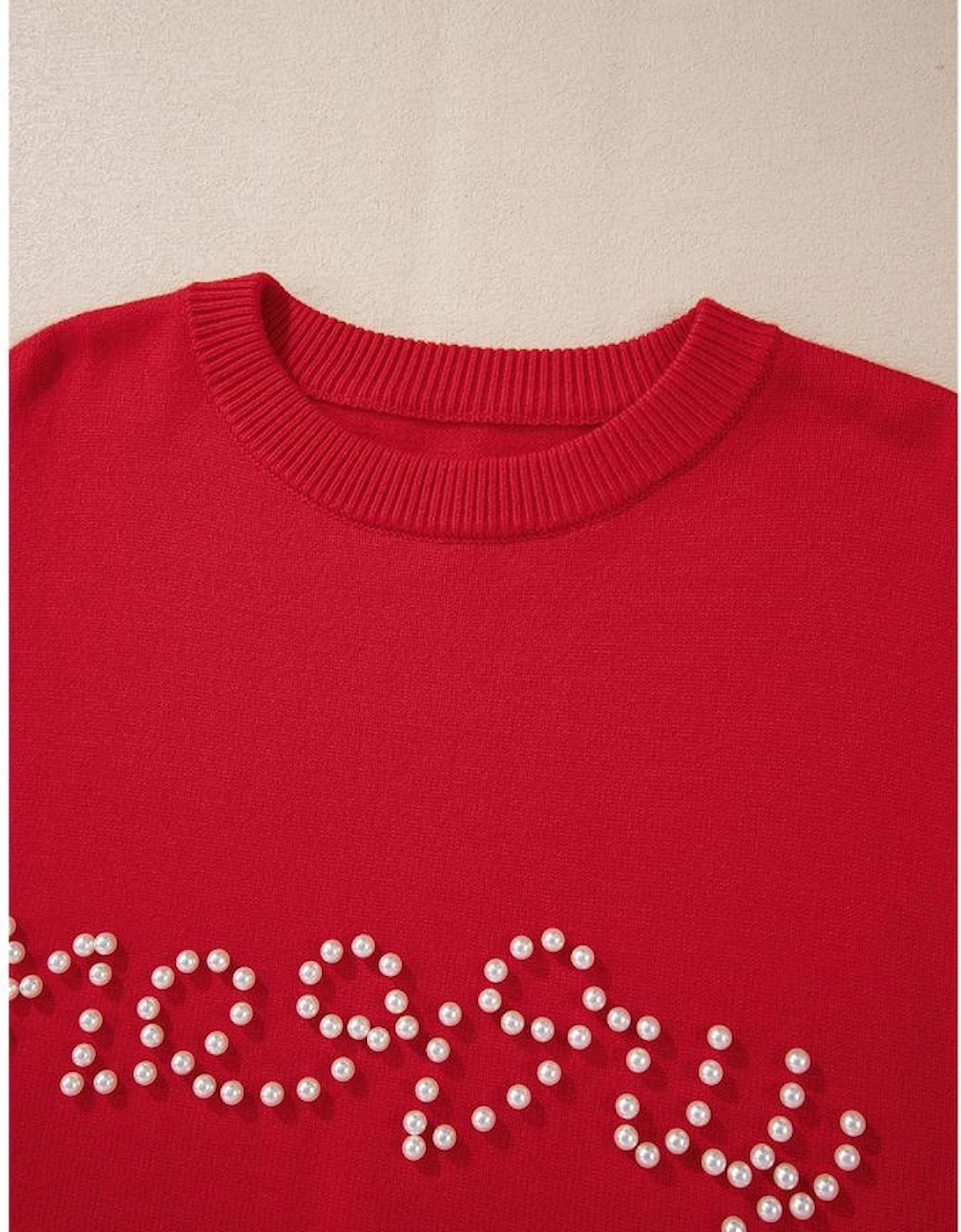 Fiery Red Pearl Beaded Merry Casual Sweater