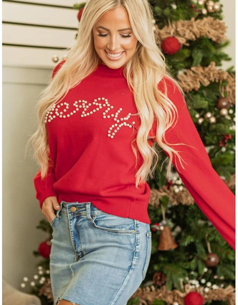 Fiery Red Pearl Beaded Merry Casual Sweater