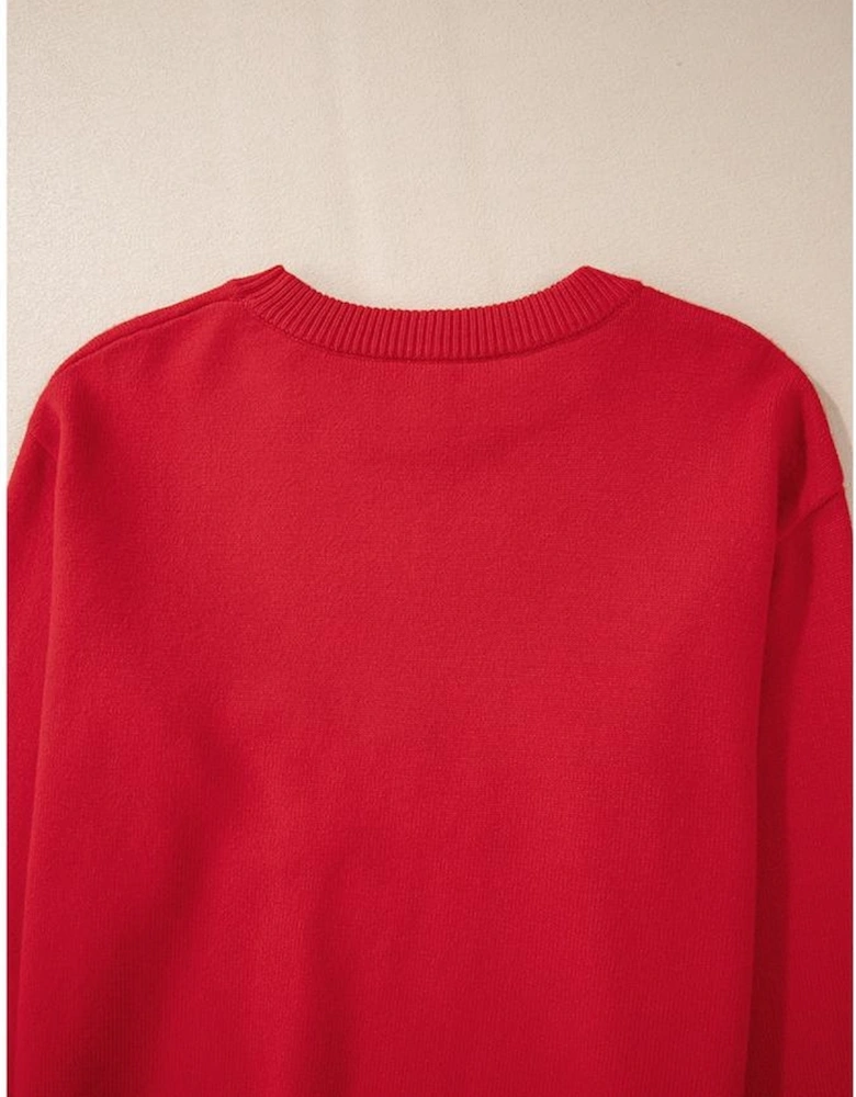 Fiery Red Pearl Beaded Merry Casual Sweater