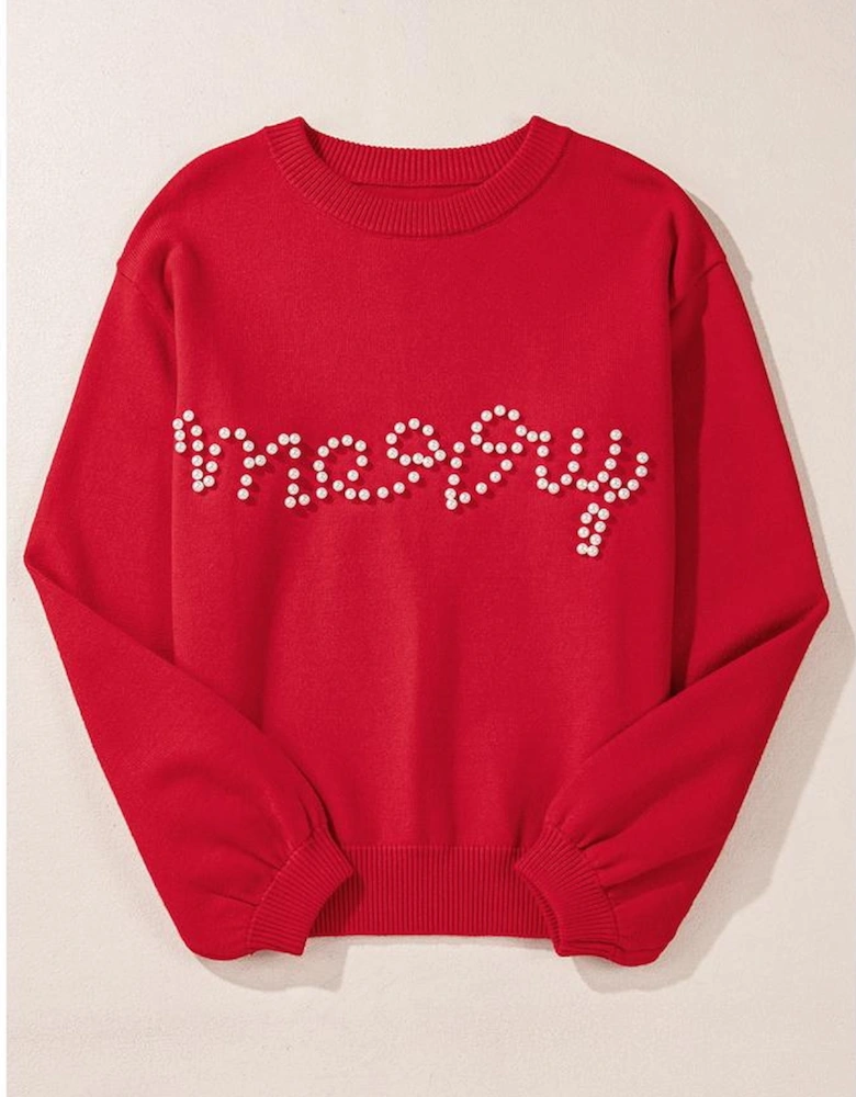 Fiery Red Pearl Beaded Merry Casual Sweater