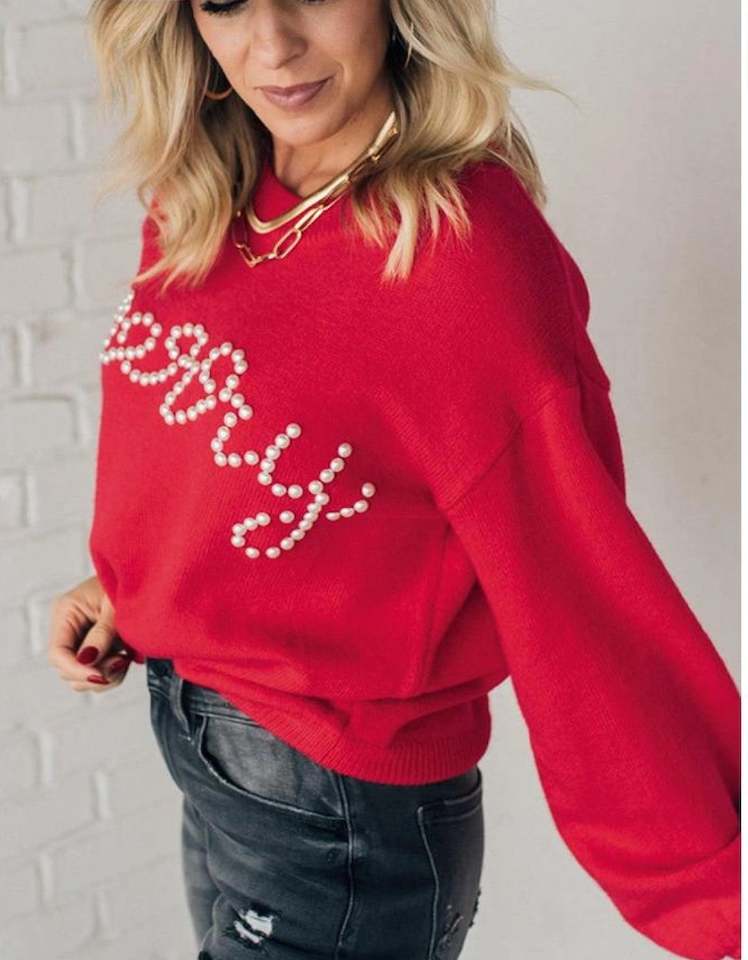 Fiery Red Pearl Beaded Merry Casual Sweater