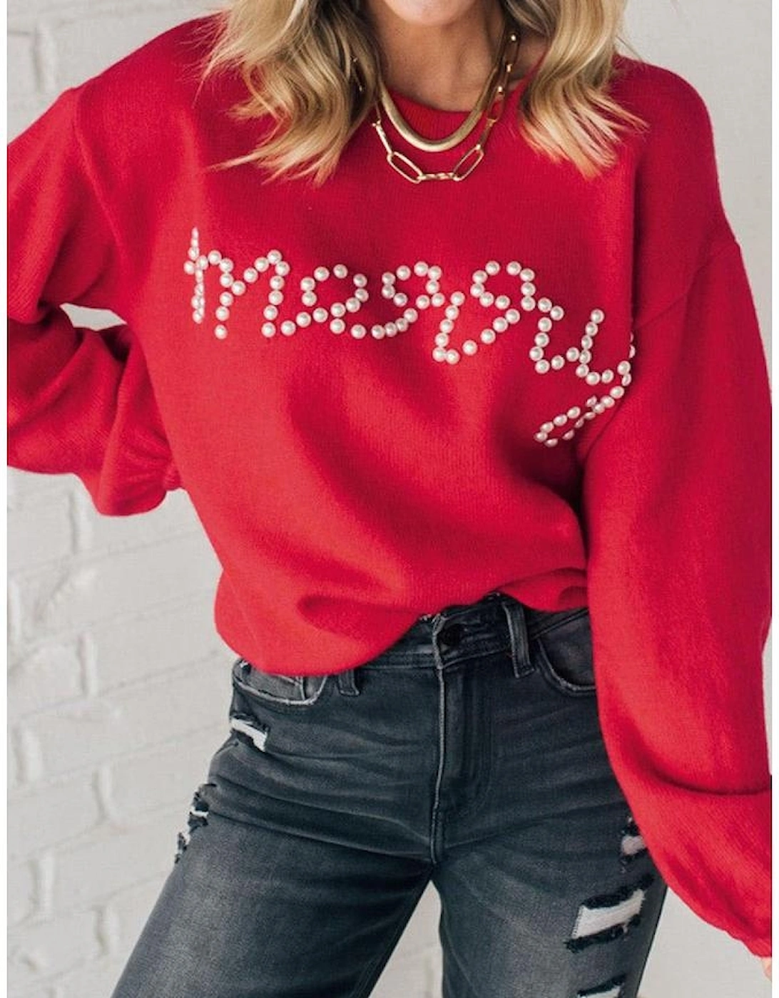 Fiery Red Pearl Beaded Merry Casual Sweater