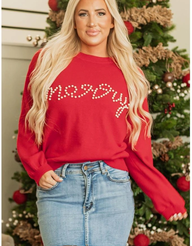 Fiery Red Pearl Beaded Merry Casual Sweater