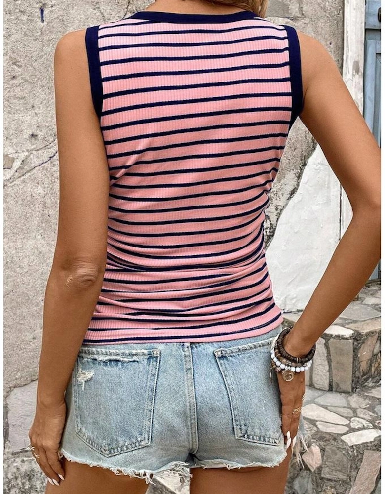 Black Stripe Contrast Round Neck Sleeveless Slim Top
