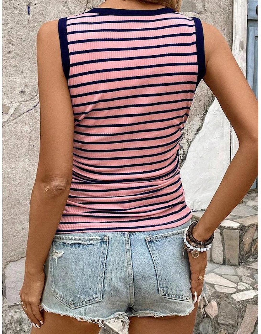 Black Stripe Contrast Round Neck Sleeveless Slim Top