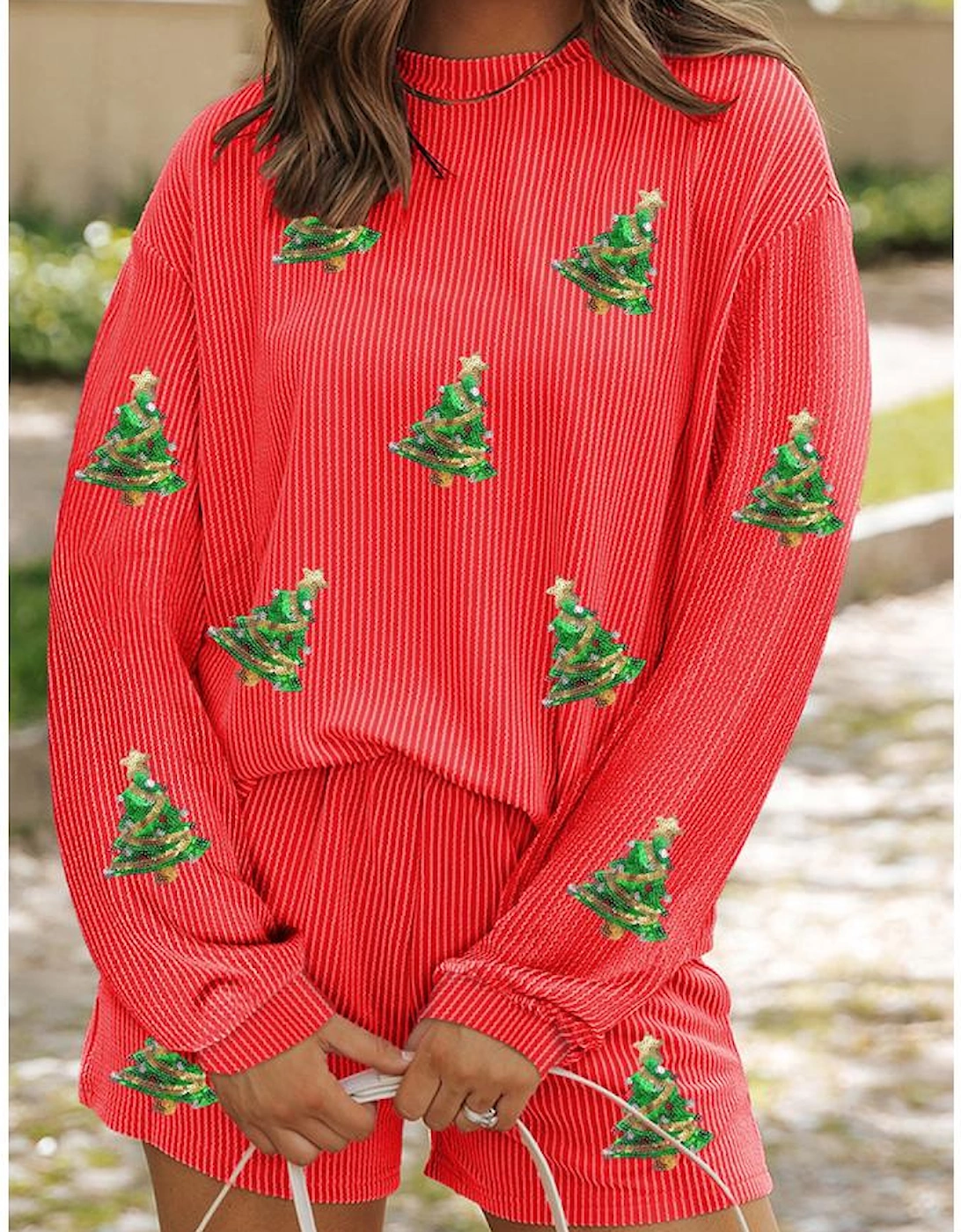 Gold Flame Sequin Christmas Tree Corded Long Sleeve Top ans Shorts Set, 3 of 2