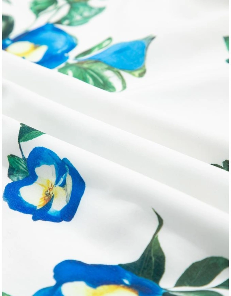 White Plus Size Floral Short Puff Sleeve Contrast Tie V Neck Dress