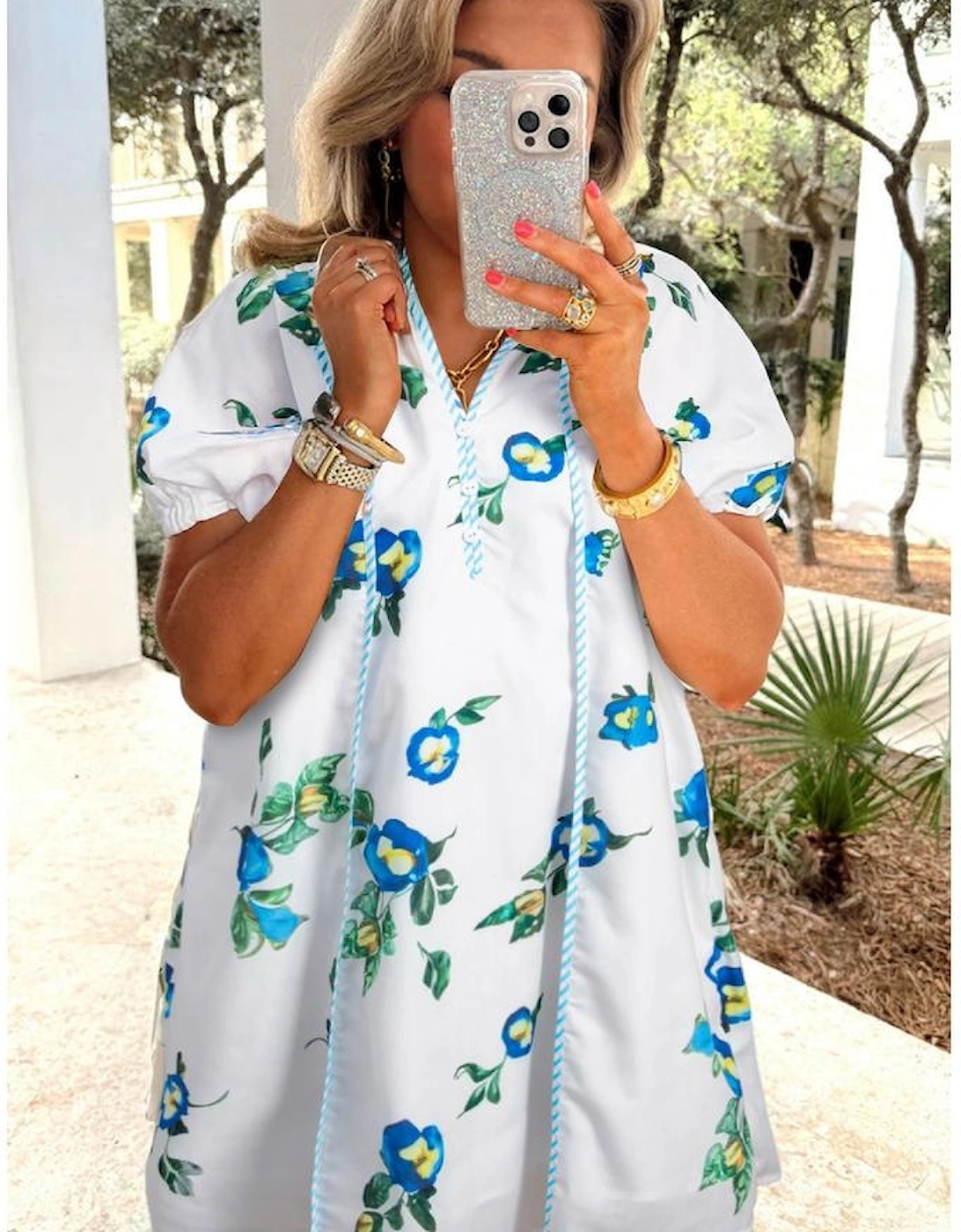 White Plus Size Floral Short Puff Sleeve Contrast Tie V Neck Dress, 10 of 9