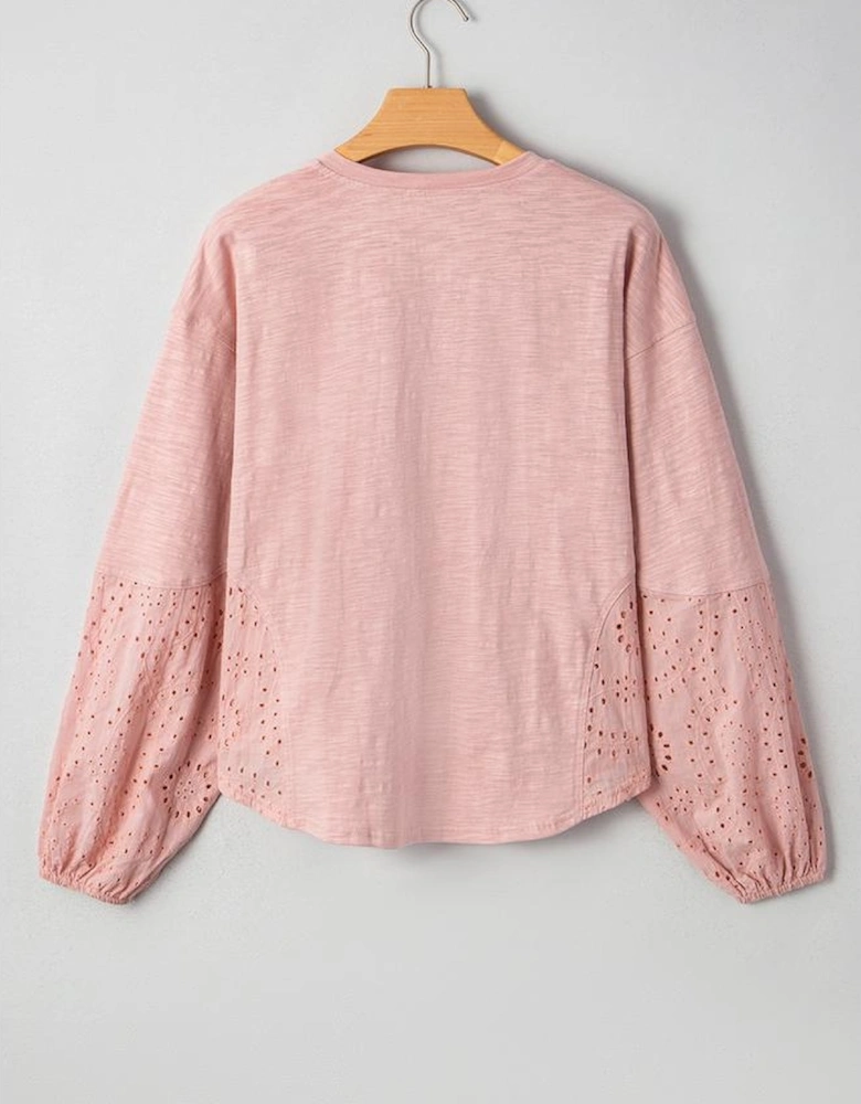 Light Pink Keyhole Notch V Neck Batwing Sleeve Blouse