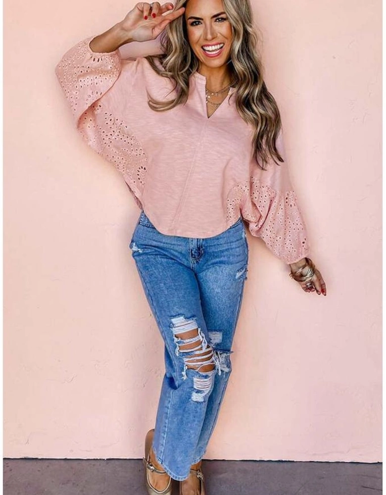 Light Pink Keyhole Notch V Neck Batwing Sleeve Blouse