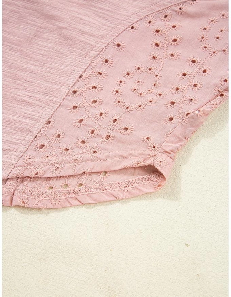 Light Pink Keyhole Notch V Neck Batwing Sleeve Blouse