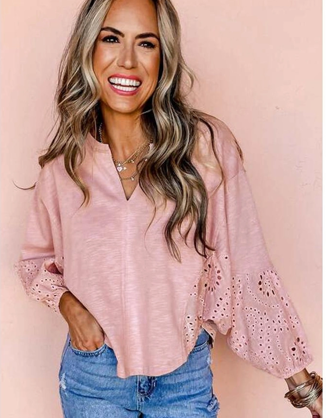Light Pink Keyhole Notch V Neck Batwing Sleeve Blouse