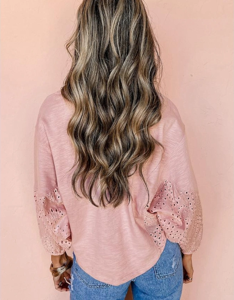 Light Pink Keyhole Notch V Neck Batwing Sleeve Blouse