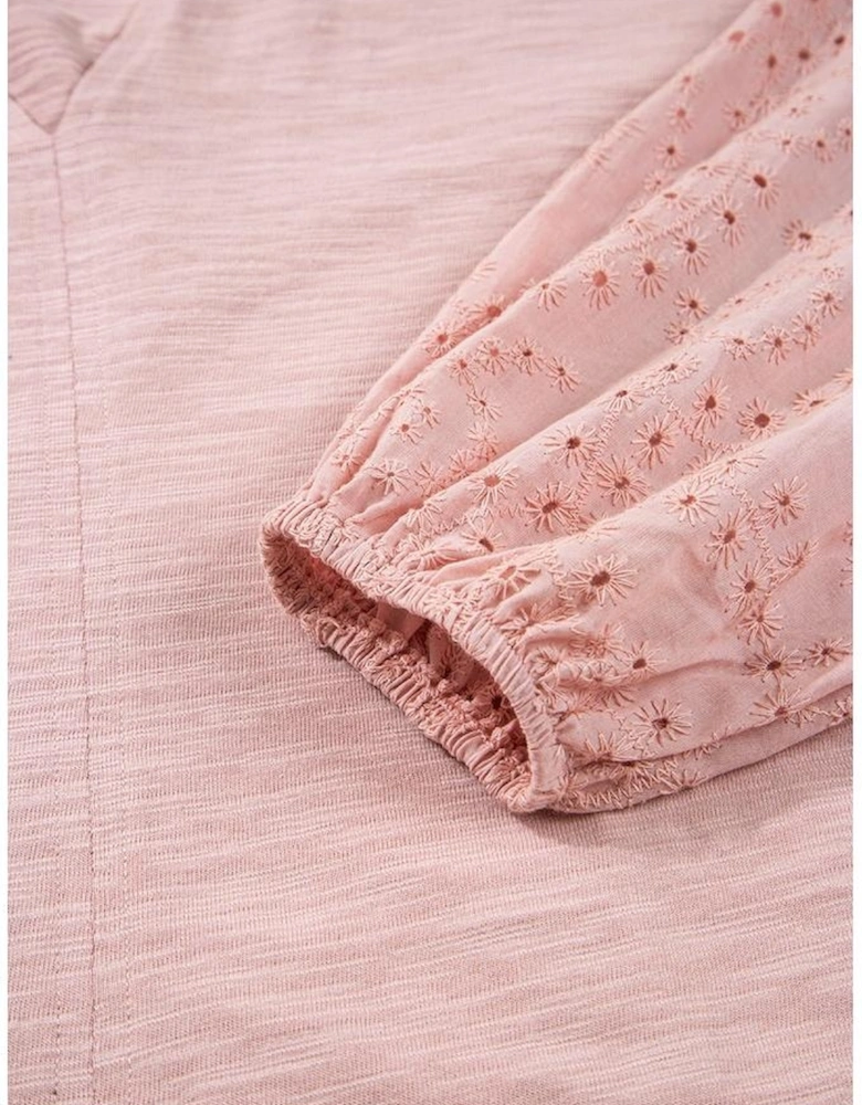 Light Pink Keyhole Notch V Neck Batwing Sleeve Blouse