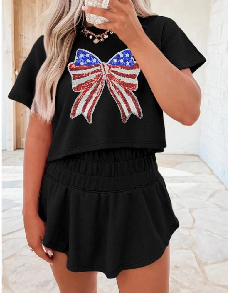 Black Sequined Flag Bow Pattern Short 2pcs Skort Set