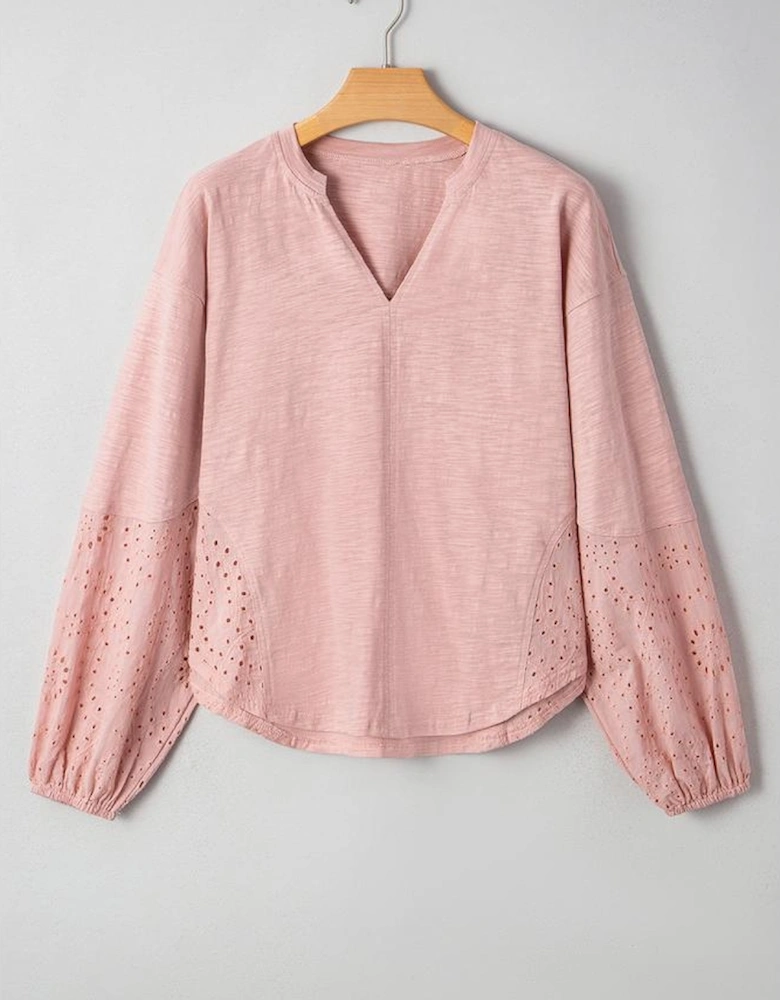 Light Pink Keyhole Notch V Neck Batwing Sleeve Blouse