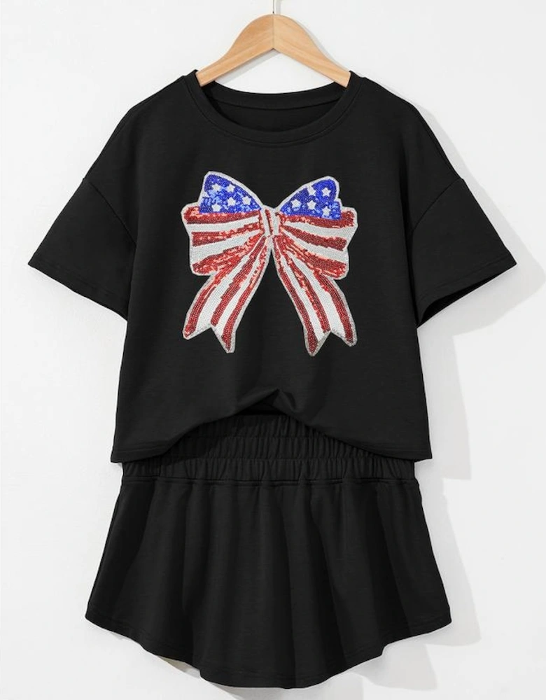 Black Sequined Flag Bow Pattern Short 2pcs Skort Set