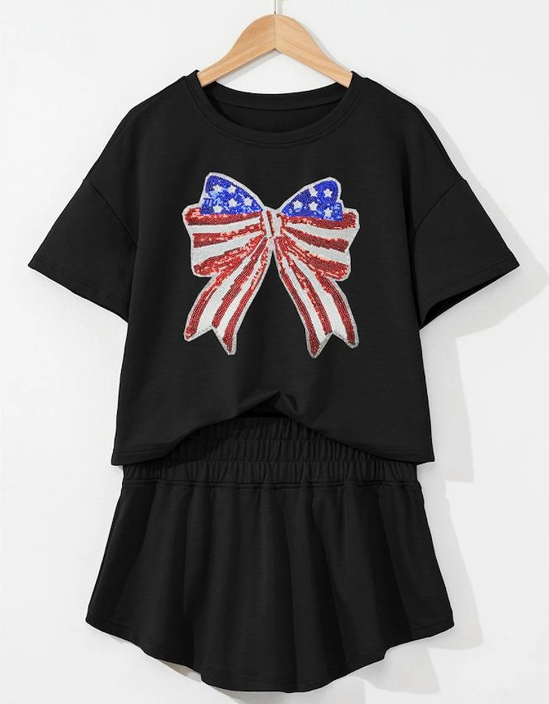 Black Sequined Flag Bow Pattern Short 2pcs Skort Set