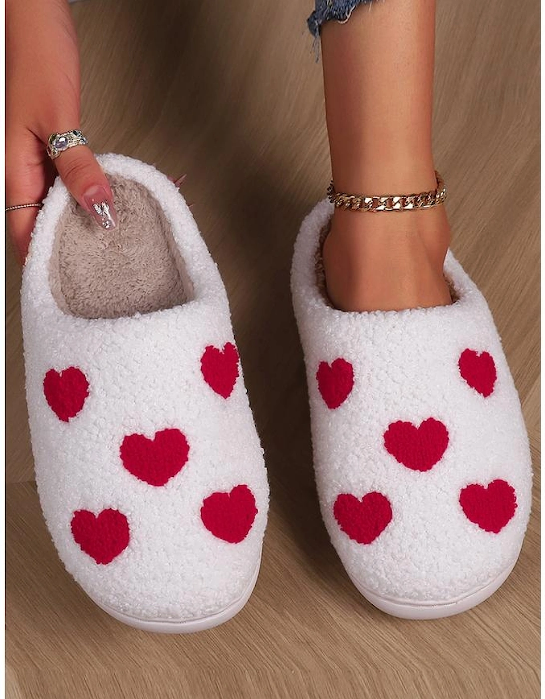 White Valentines Day Hearts Print Plush House Slippers, 5 of 4