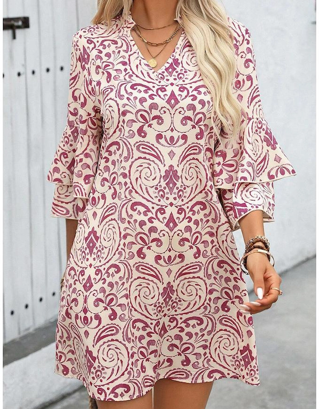 Pink Paisley Print Tiered 3/4 Sleeve Notched Neck Mini Dress, 15 of 14