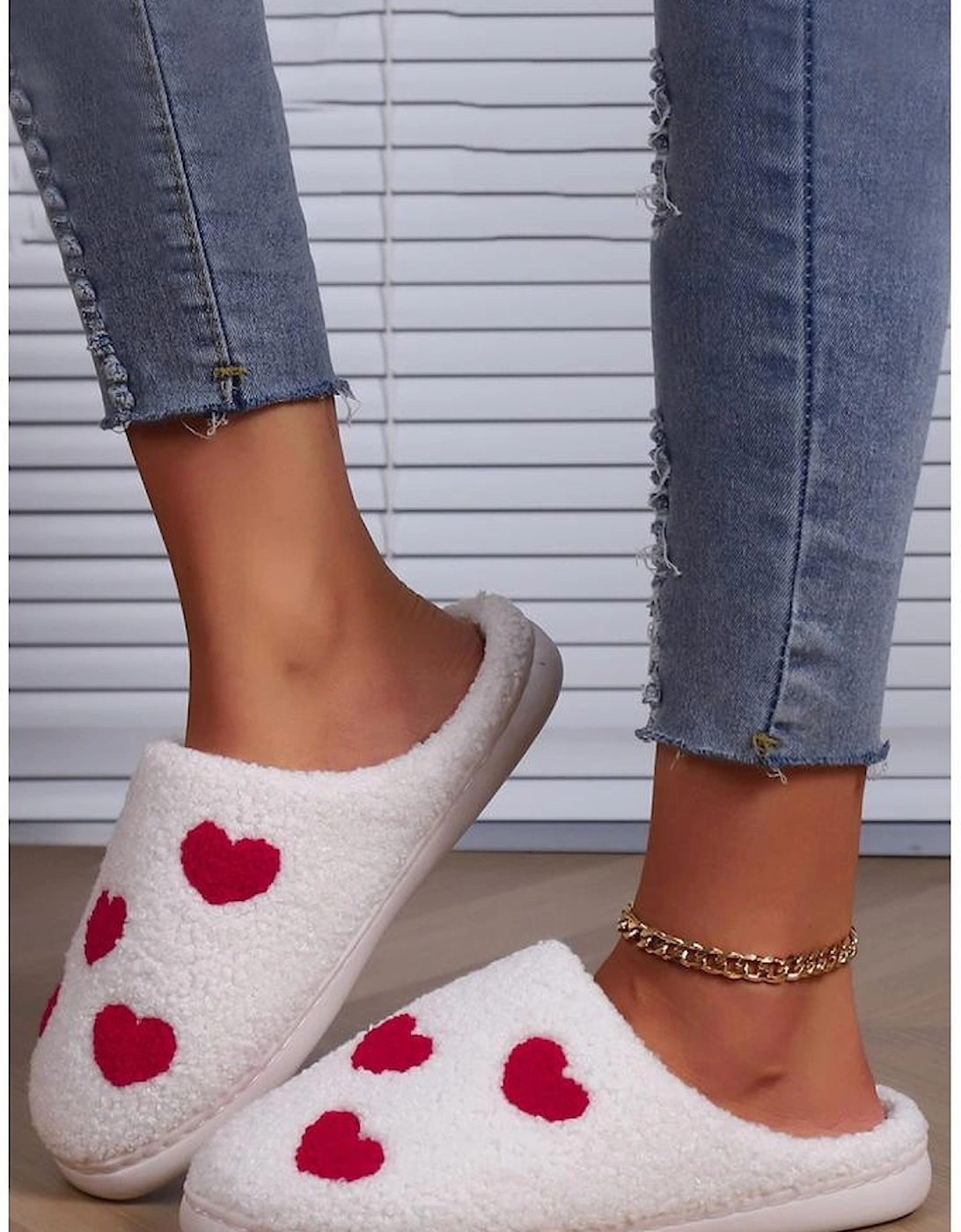 White Valentines Day Hearts Print Plush House Slippers