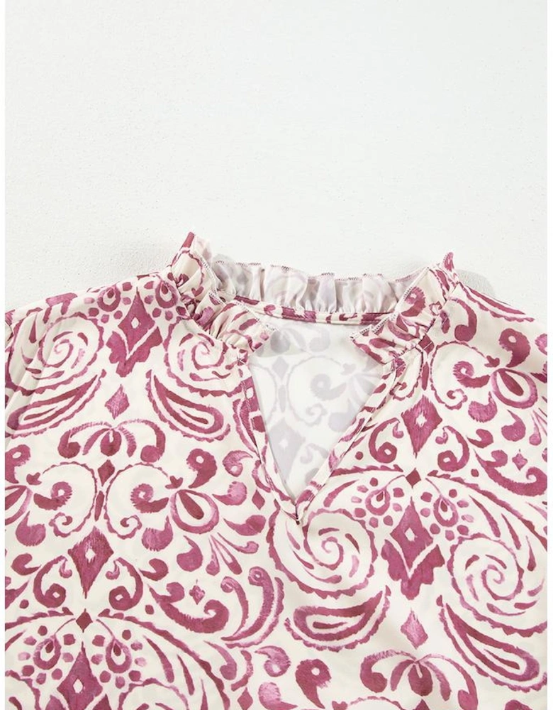 Pink Paisley Print Tiered 3/4 Sleeve Notched Neck Mini Dress