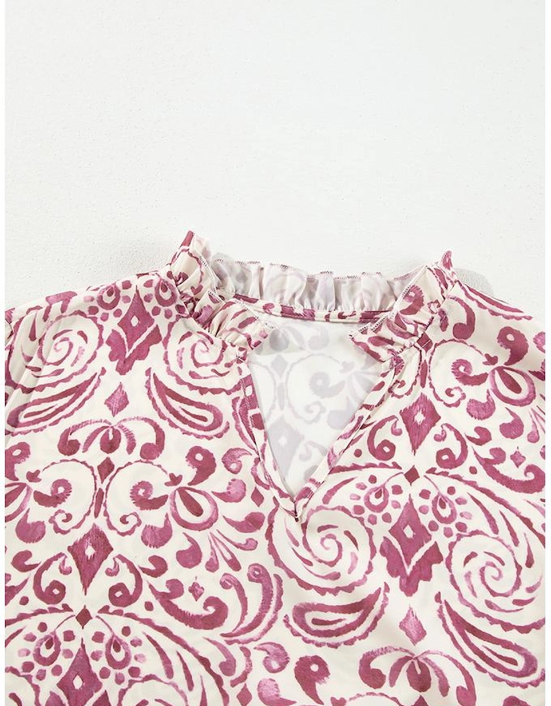 Pink Paisley Print Tiered 3/4 Sleeve Notched Neck Mini Dress