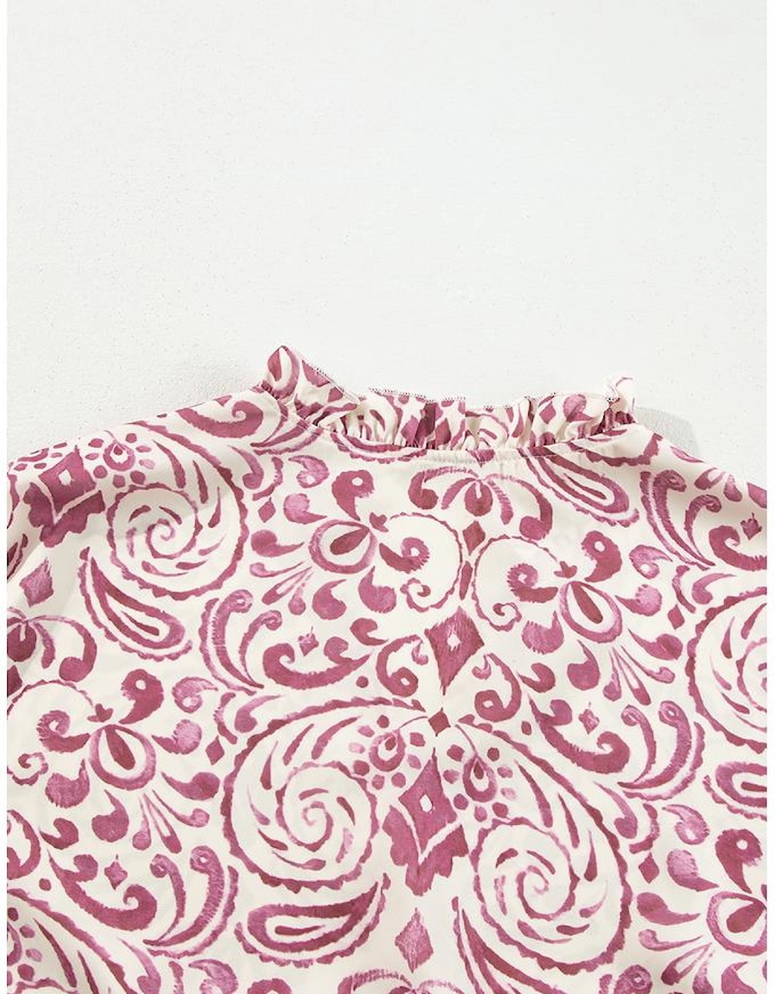 Pink Paisley Print Tiered 3/4 Sleeve Notched Neck Mini Dress