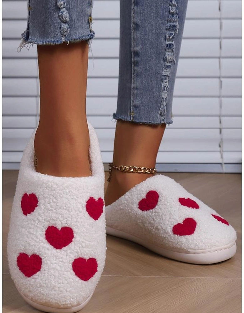 White Valentines Day Hearts Print Plush House Slippers