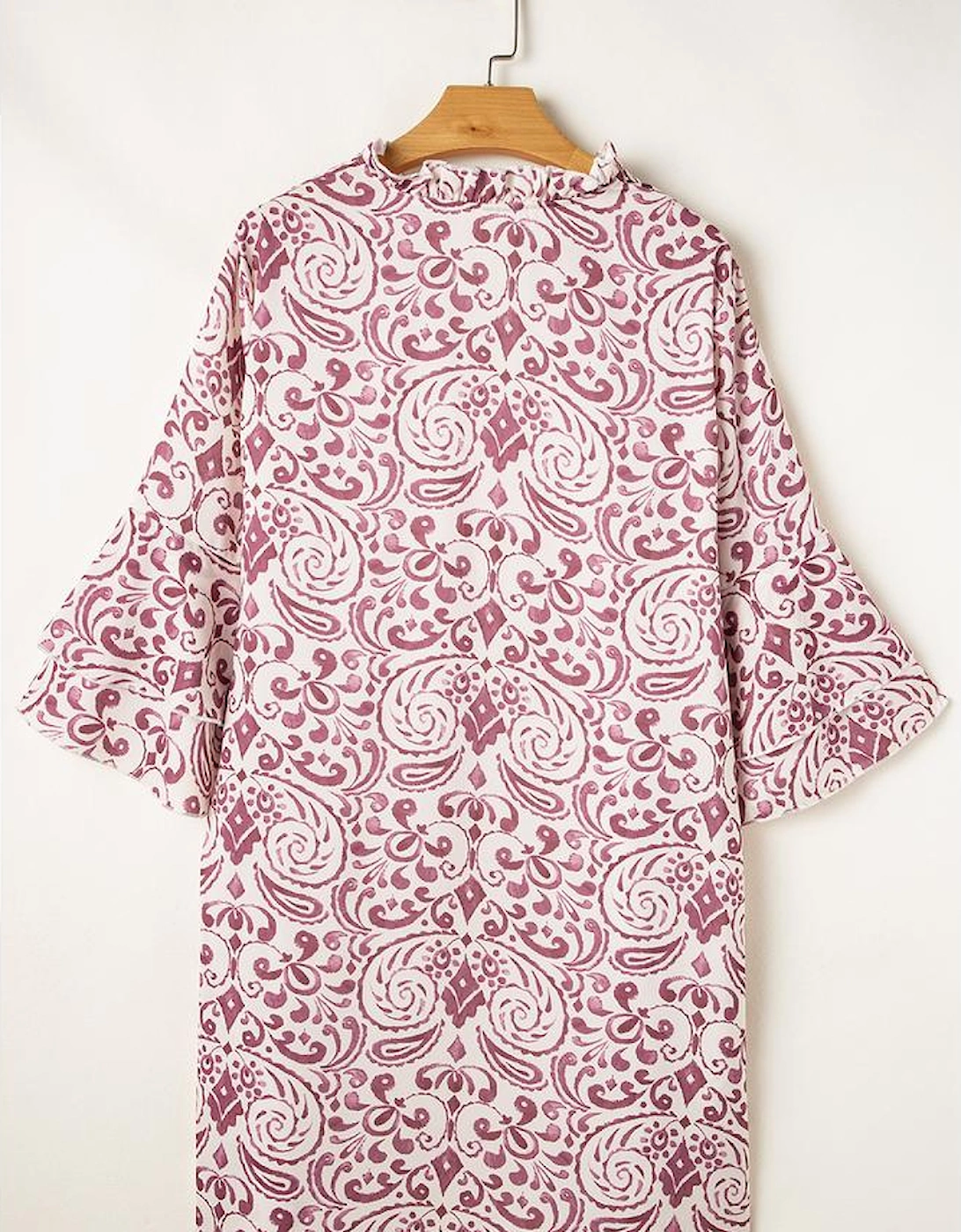 Pink Paisley Print Tiered 3/4 Sleeve Notched Neck Mini Dress
