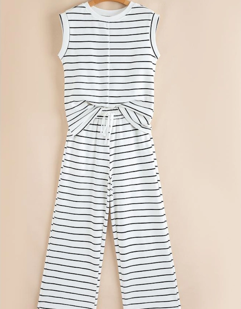 Black Stripe Casual Wide Leg 2pcs Pants Set
