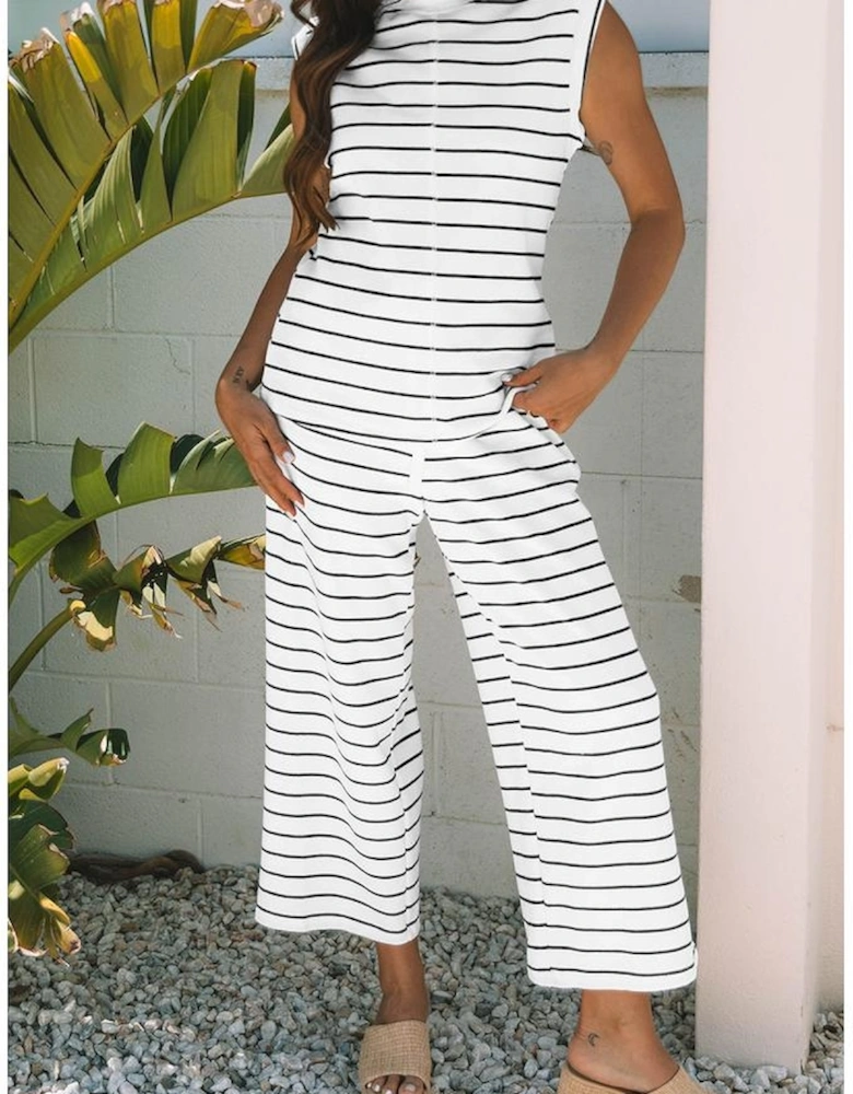Black Stripe Casual Wide Leg 2pcs Pants Set