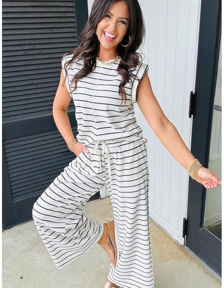 Black Stripe Casual Wide Leg 2pcs Pants Set