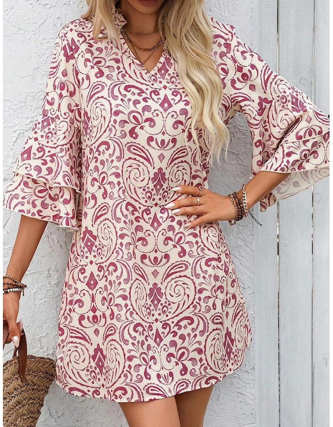 Pink Paisley Print Tiered 3/4 Sleeve Notched Neck Mini Dress