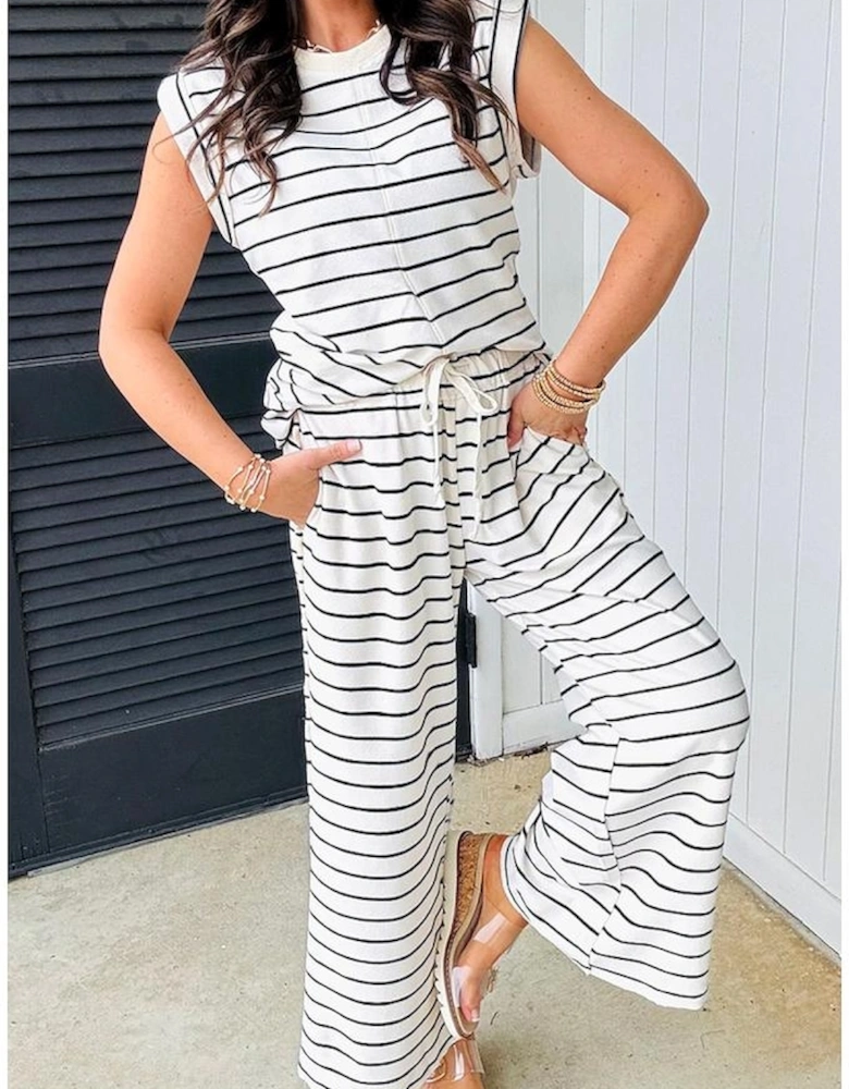 Black Stripe Casual Wide Leg 2pcs Pants Set
