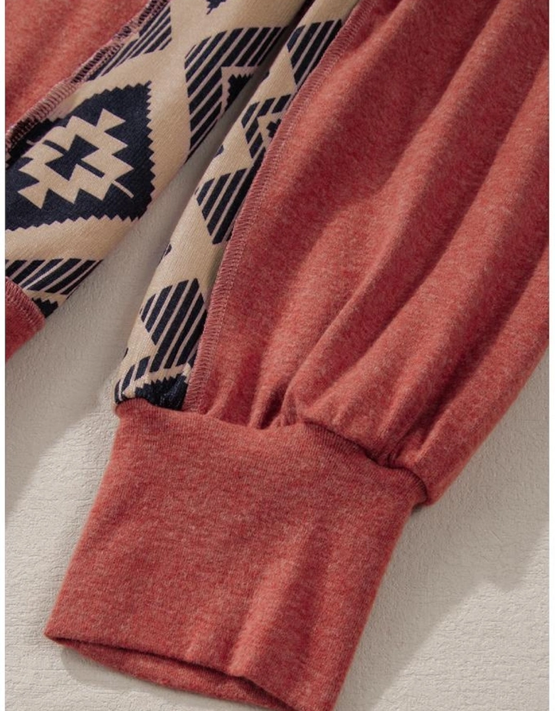 Redwood Burl Aztec Patchwork Drop Shoulder Plus Size High Low Sweatshirt