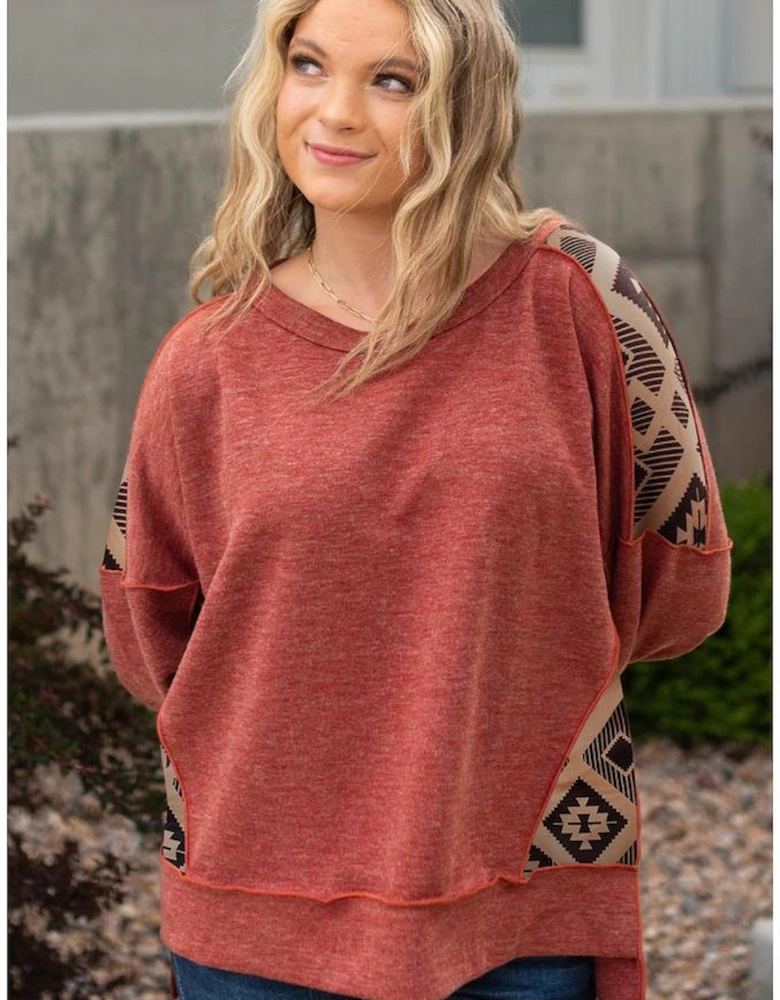 Redwood Burl Aztec Patchwork Drop Shoulder Plus Size High Low Sweatshirt
