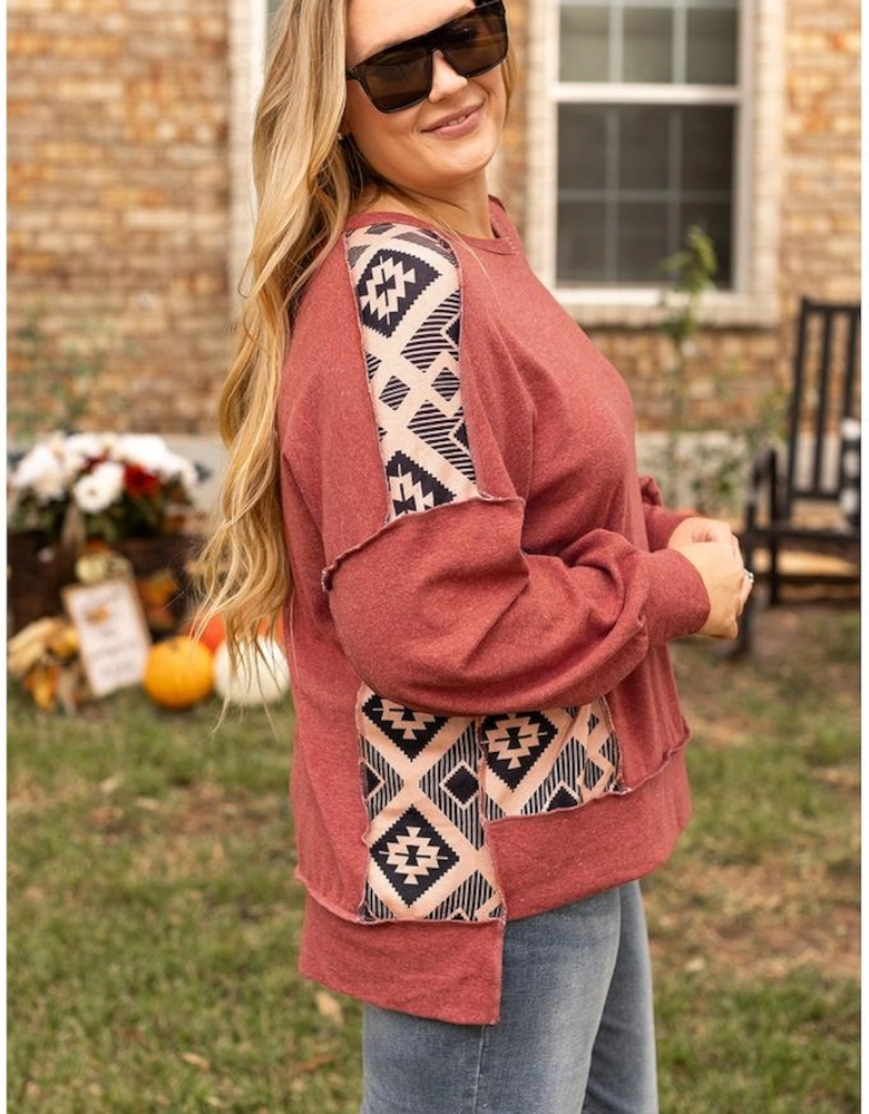 Redwood Burl Aztec Patchwork Drop Shoulder Plus Size High Low Sweatshirt
