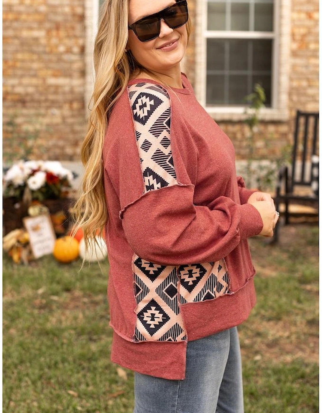 Redwood Burl Aztec Patchwork Drop Shoulder Plus Size High Low Sweatshirt
