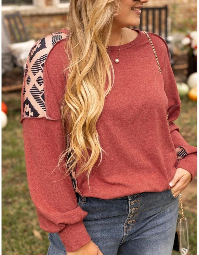 Redwood Burl Aztec Patchwork Drop Shoulder Plus Size High Low Sweatshirt
