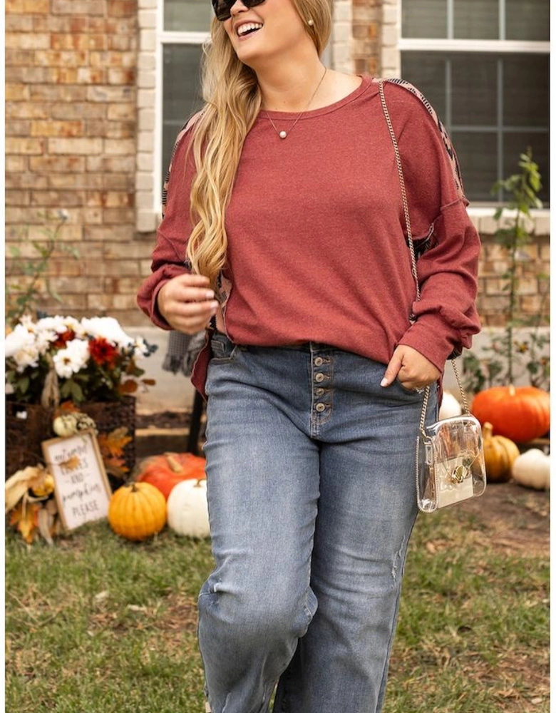 Redwood Burl Aztec Patchwork Drop Shoulder Plus Size High Low Sweatshirt