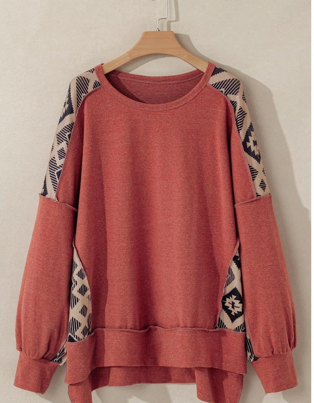 Redwood Burl Aztec Patchwork Drop Shoulder Plus Size High Low Sweatshirt