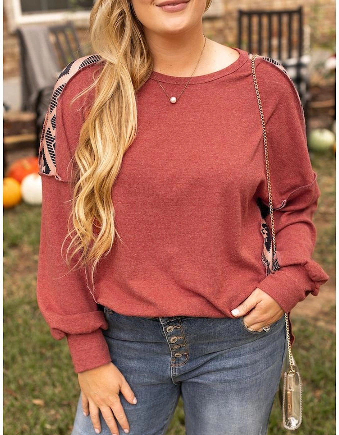 Redwood Burl Aztec Patchwork Drop Shoulder Plus Size High Low Sweatshirt