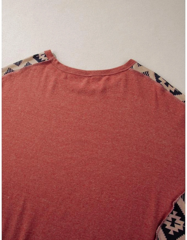 Redwood Burl Aztec Patchwork Drop Shoulder Plus Size High Low Sweatshirt